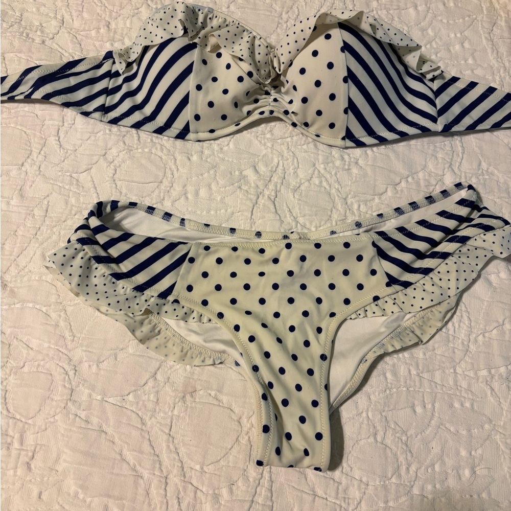 Victorias Secret Blue and White Polka Dot and Stripe Bandeau Bikini